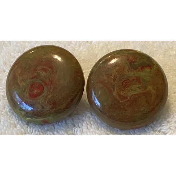 Vintage Bakelite Button Clip On Earrings 1" Marbled Brown Green Red Swirl Tested - Picture 1 of 8